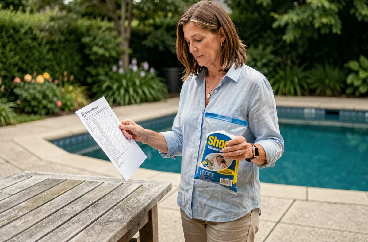 Femme consultant un tableau de dosage chlore choc pour piscine creusée en m3