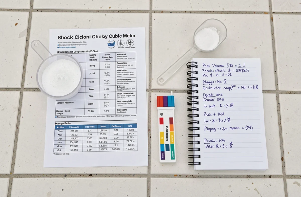 Tableau de dosage chlore choc piscine imprimé avec matériel de traitement de l'eau sur carrelage