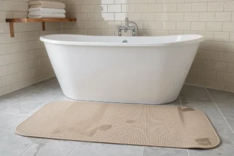 Grand tapis de bain antidérapant beige posé devant une baignoire familiale blanche dans une salle de bains moderne aux carreaux gris clairs