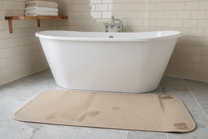 Grand tapis de bain antidérapant beige posé devant une baignoire familiale blanche dans une salle de bains moderne aux carreaux gris clairs