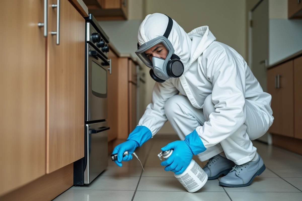 Technicien de désinfection en combinaison de protection appliquant un insecticide sous les meubles de cuisine pour éliminer les cafards