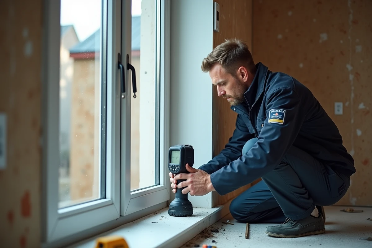 Technicien mesurant l'isolation thermique d'un double vitrage lors d'une rénovation intérieure