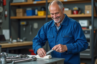 Technicien en bleu nettoyant des outils dans un atelier