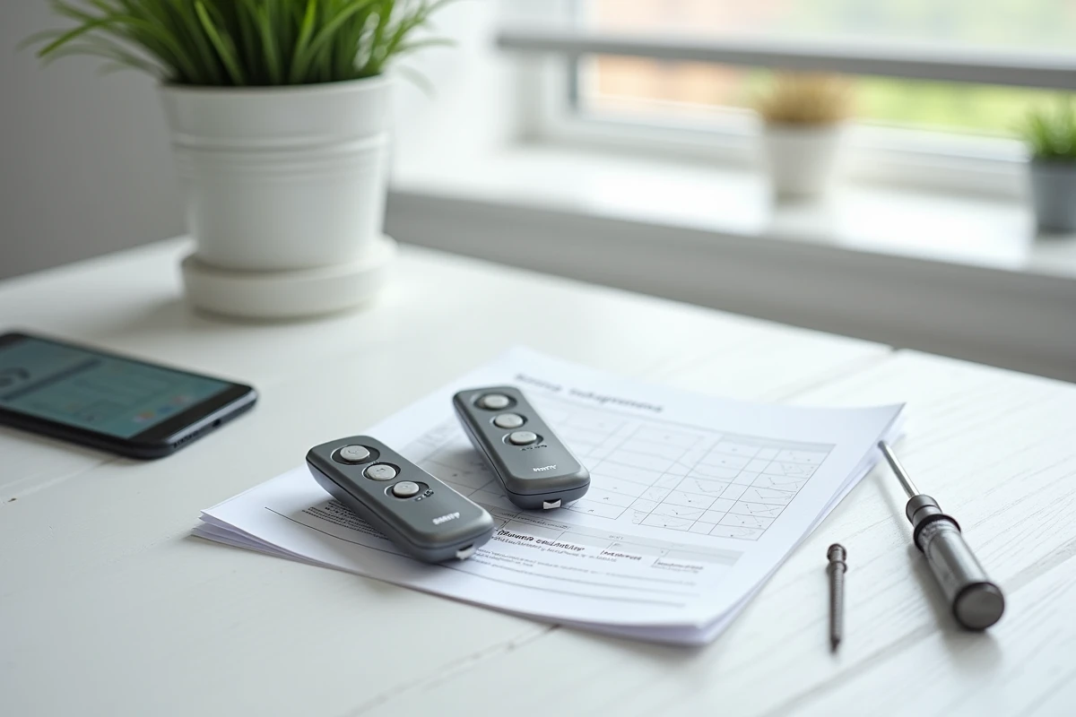 Télécommandes Somfy RTS et manuel de programmation posés sur une table pour configurer plusieurs moteurs