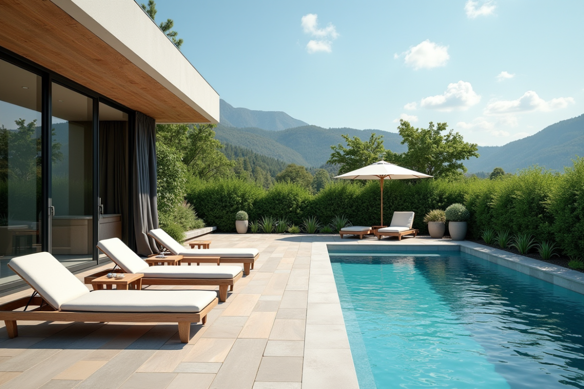 Terrasse moderne avec piscine et mobilier d'extérieur
