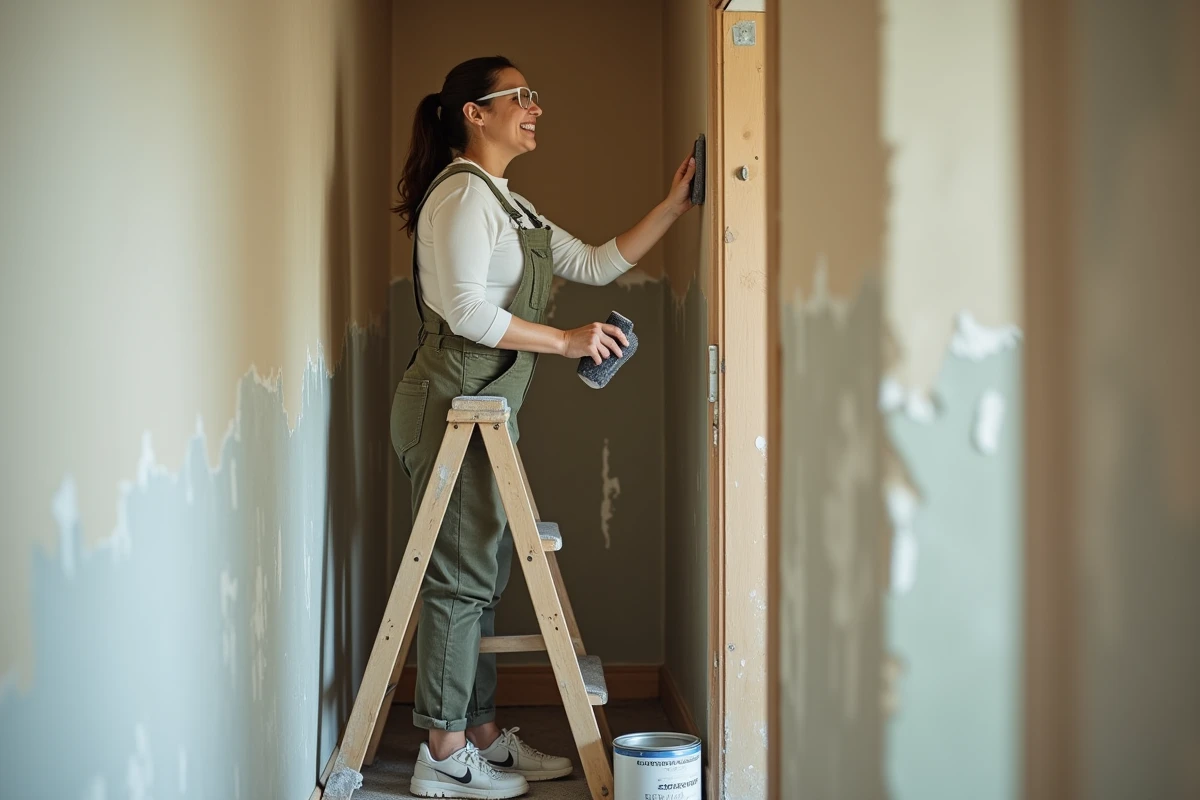Femme effectuant des travaux de ponçage sur un encadrement de porte dans un couloir en rénovation