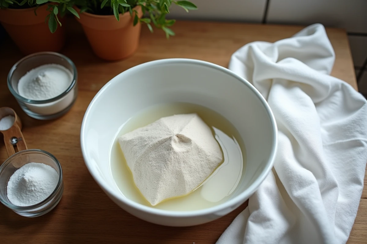 Bol avec du linge blanc grisâtre en train de tremper dans une solution de cristaux de soude et de vinaigre sur une table en bois