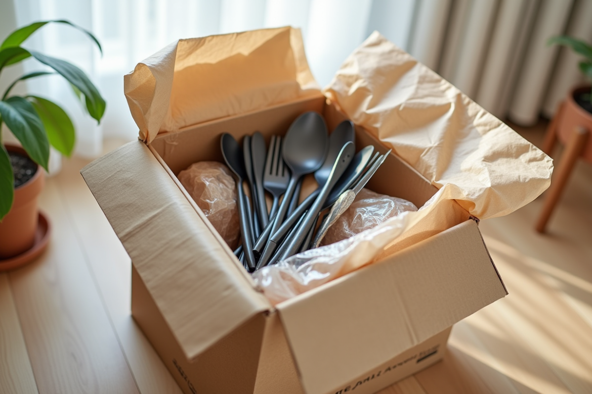 Ustensiles de cuisine rangés dans une boîte en carton ouverte