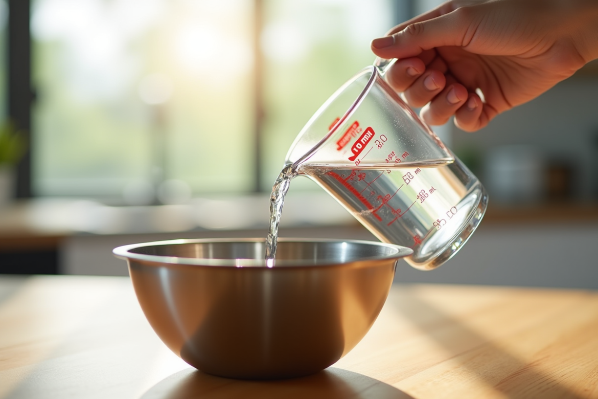 Verre mesureur versant de l'eau dans un bol inox sur plan de travail