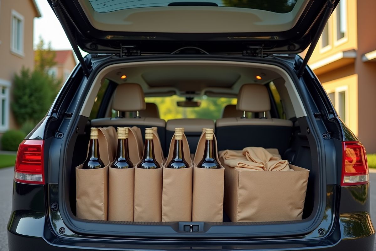 Coffre de voiture avec bouteilles bien protégées pour transport